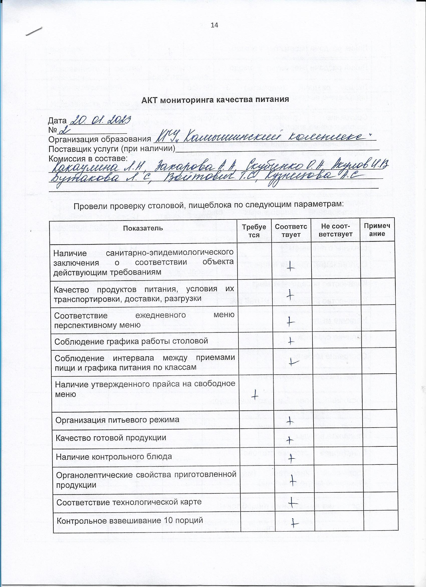 Акт мониторинга качества питания