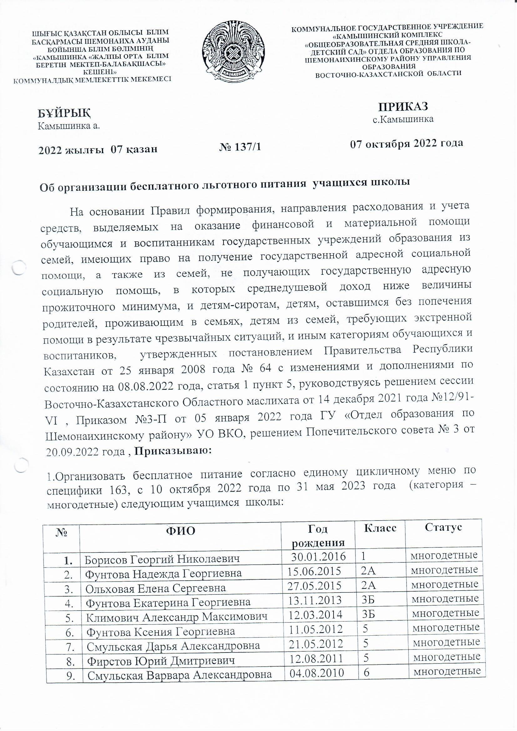 ПРИКАЗ Об организации бесплатного льготного питания учащихся школы