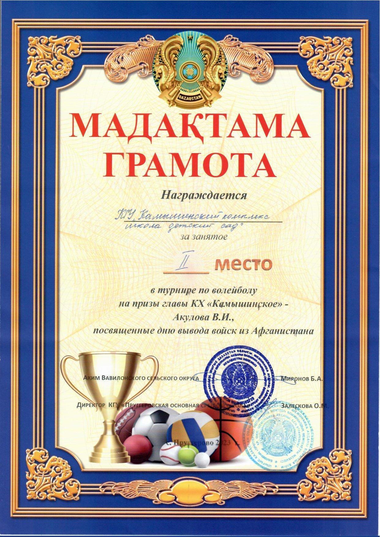 Грамота за занятое 2 место в турнире по волейболу