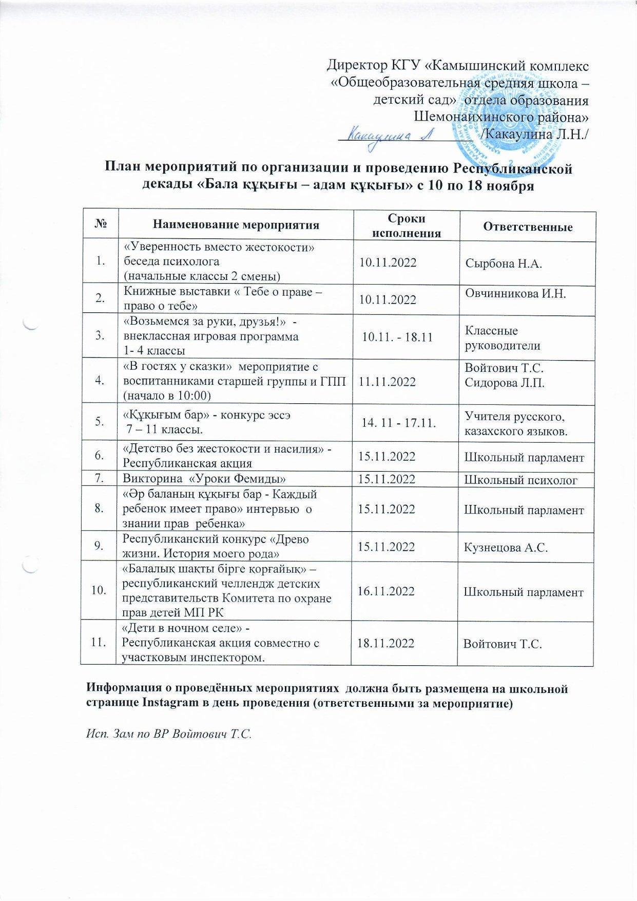 План мероприятий по организации и проведению Республиканской декады Бала құқығы - адам құқығы 10 по 18 ноября