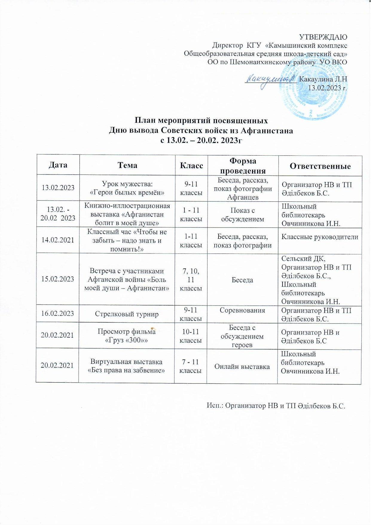 План мероприятий посвященных Дню вывода Советских войск из Афганистана с 13.02. - 20.02.2023 г