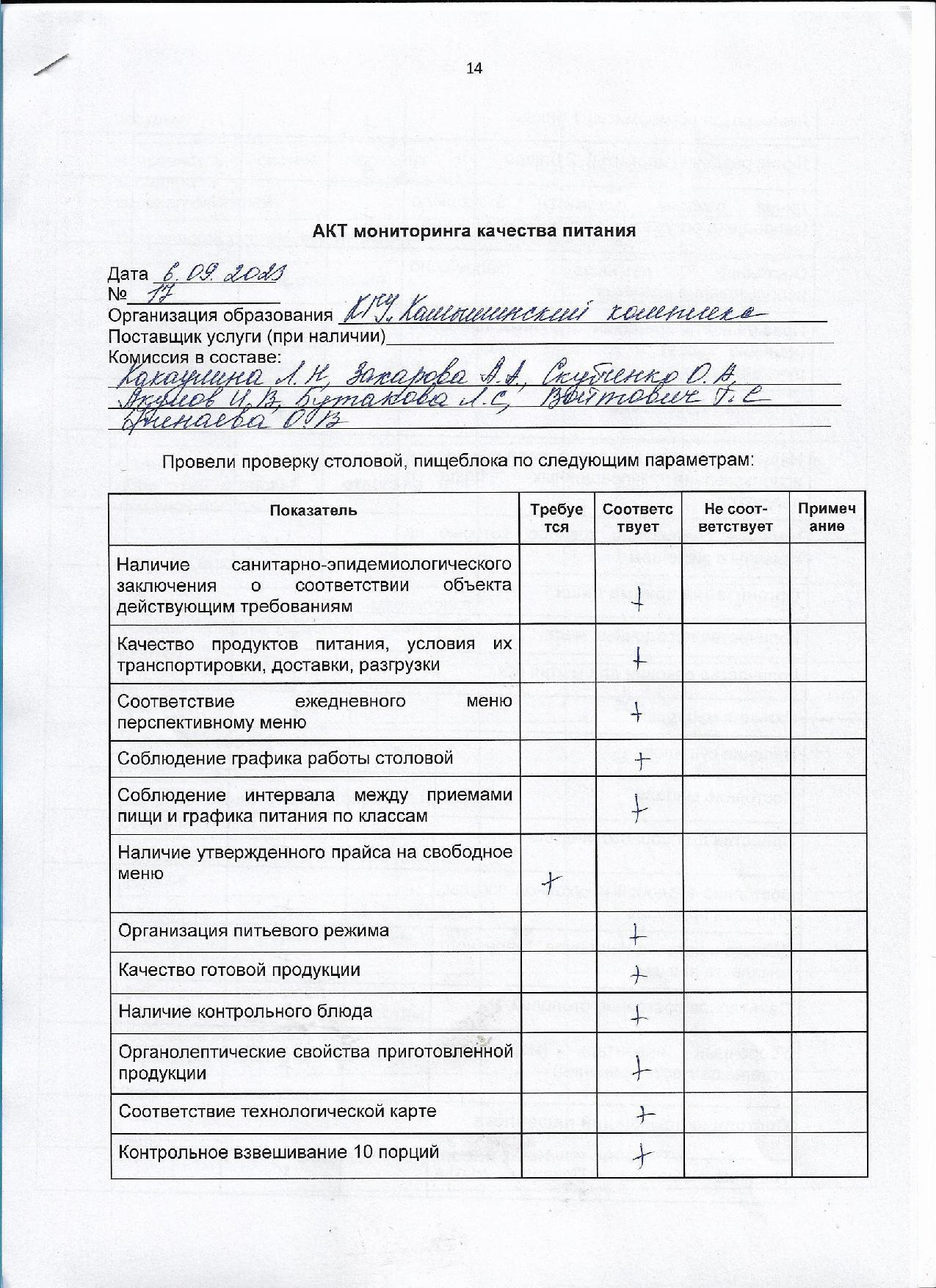 Акт мониторинга качества питания
