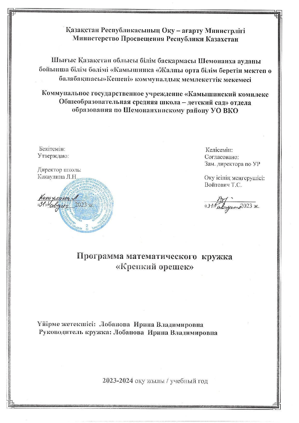 Программа математического кружка Крепкий орешек Лобанова И.В.