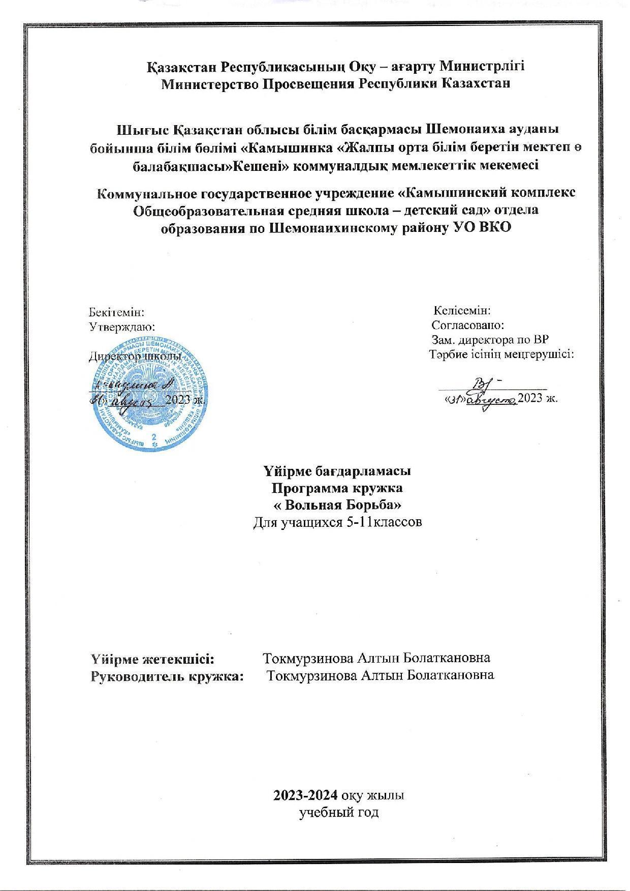 Программа кружка Вольная Борьба 5-11 классы