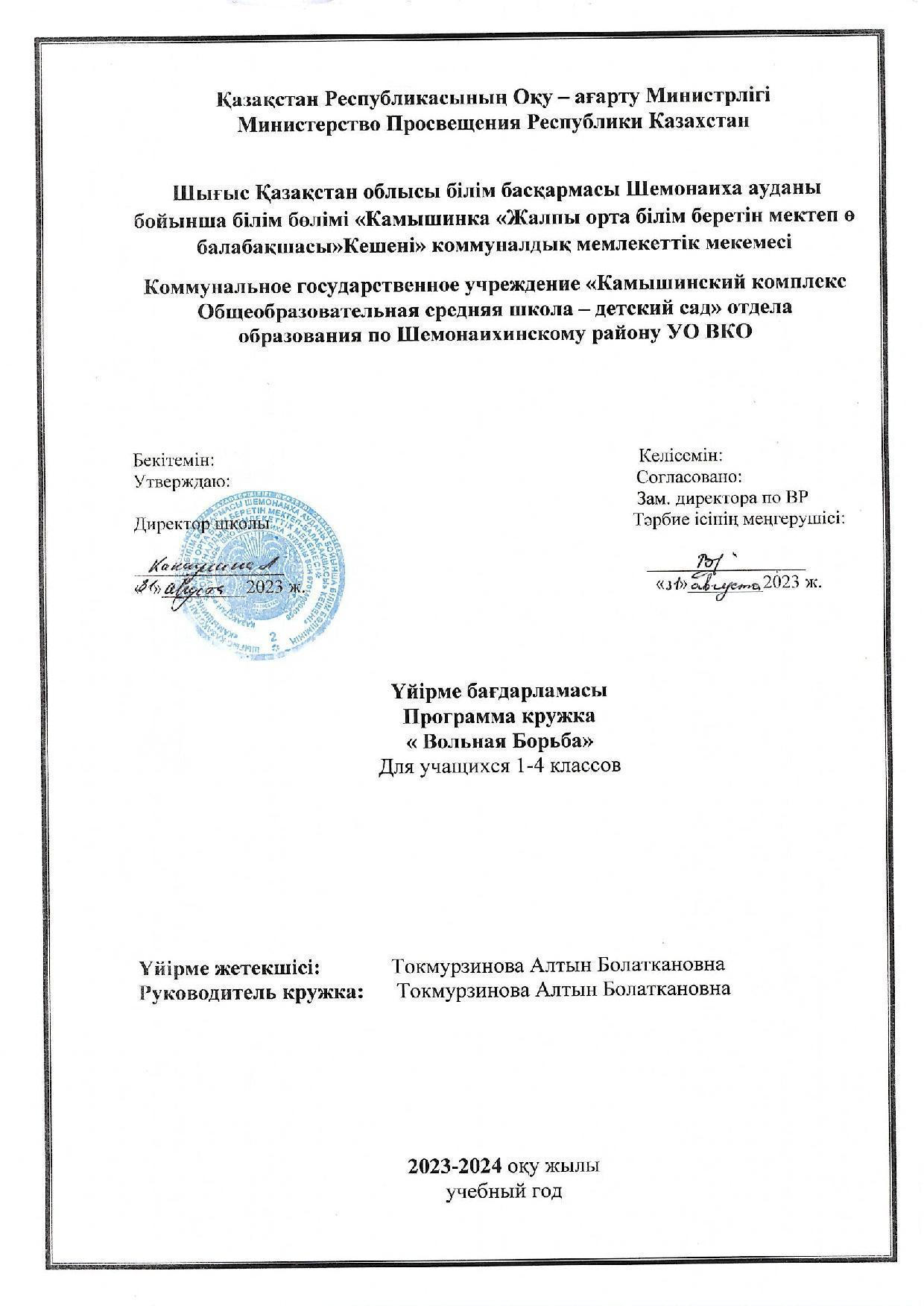 Программа кружка Вольная Борьба 1-4 классы Токмурзинова А.Б.