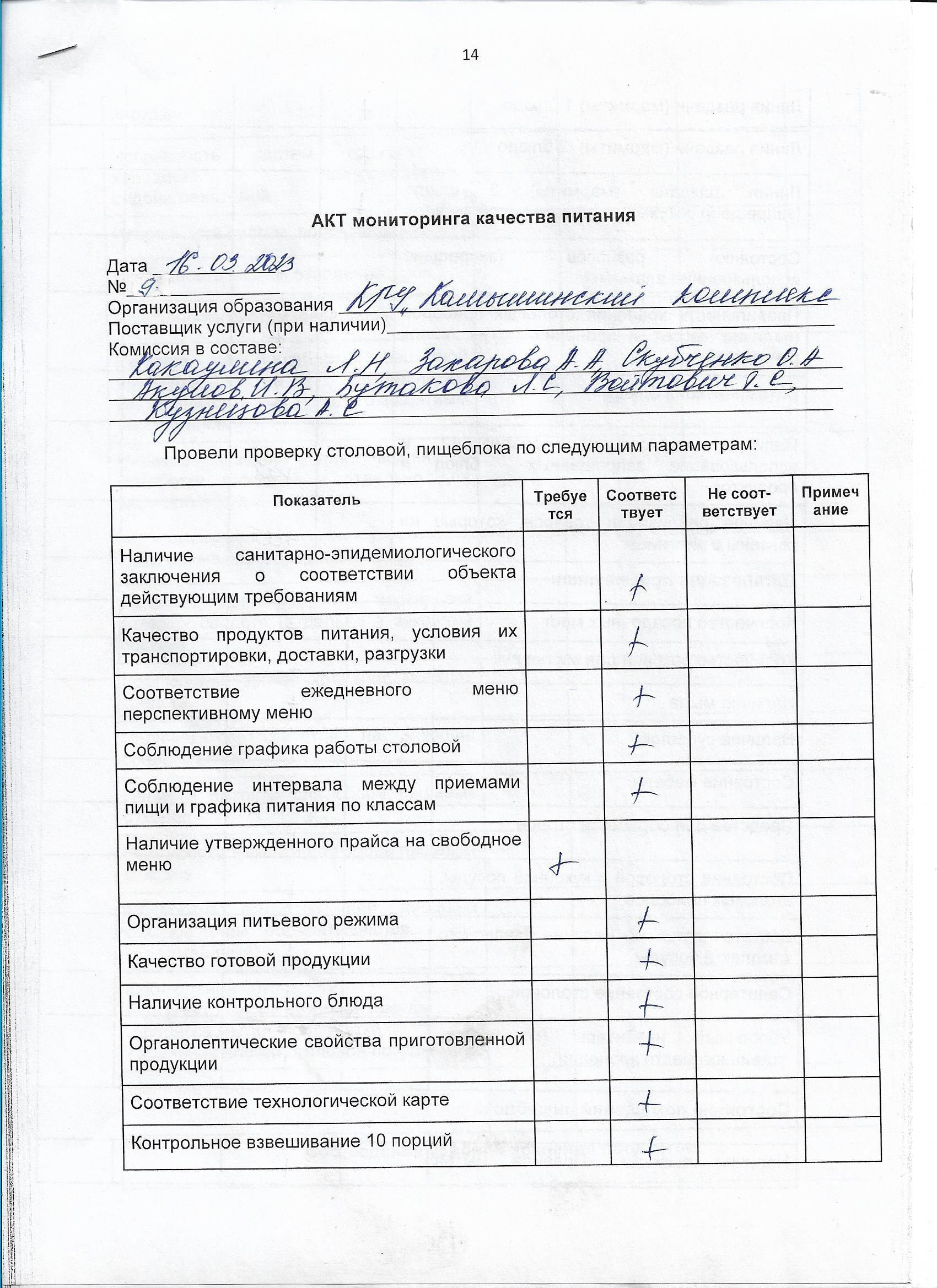 Акт мониторинга качества питания