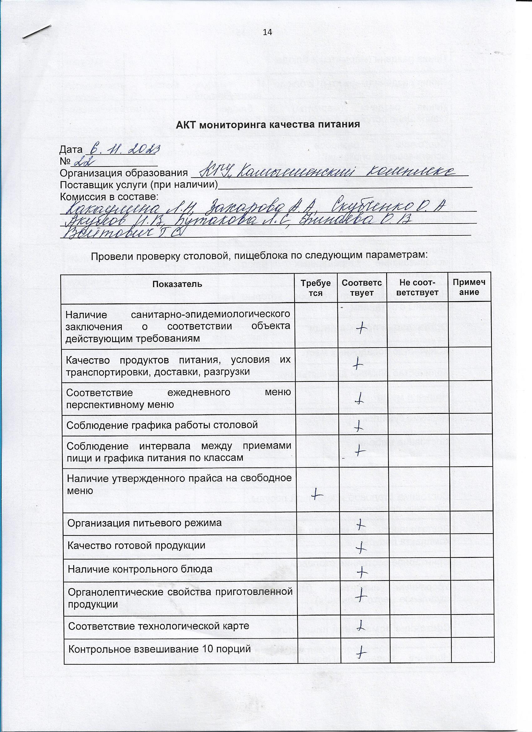 Акт мониторинга качества питания