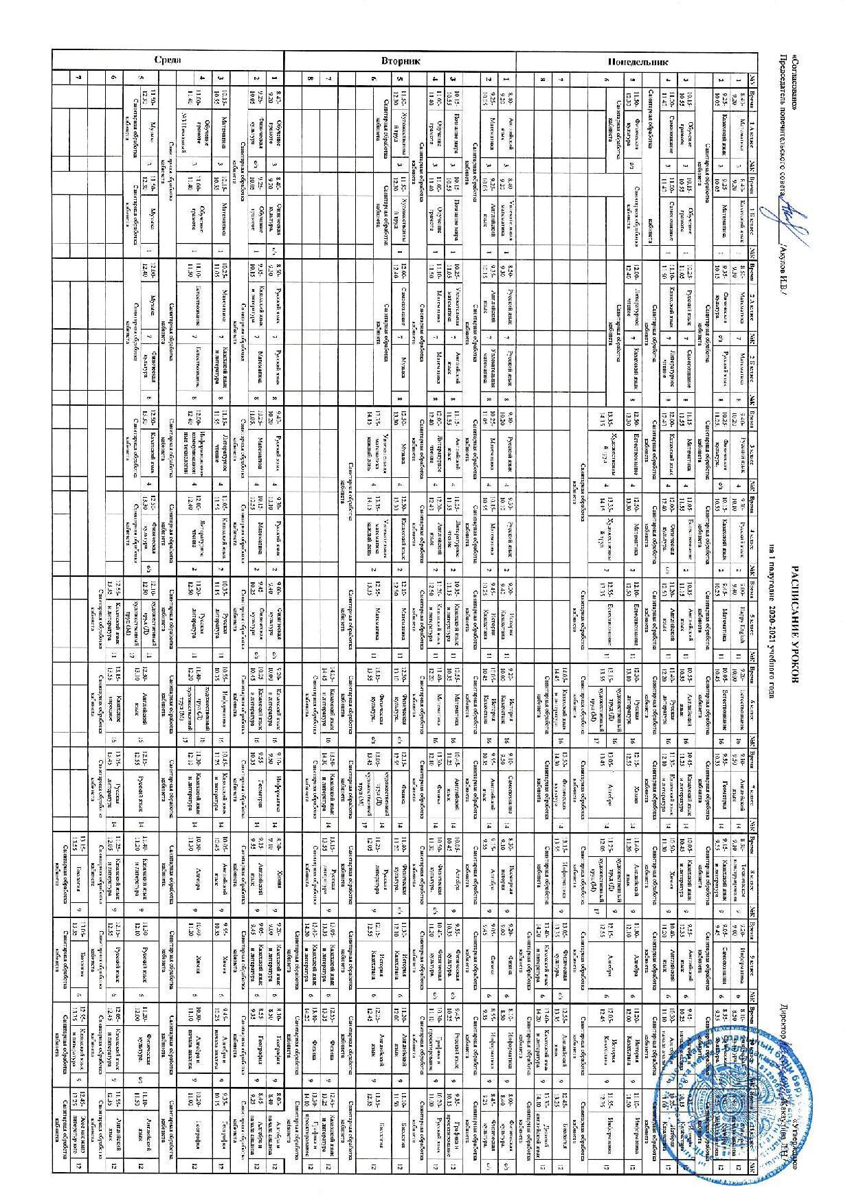 Расписание уроков на 1 полугодие  2020-2021 учебный год