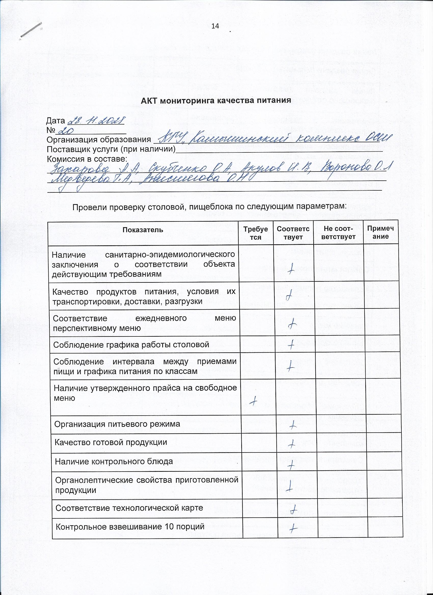 Акт мониторинга качества питания