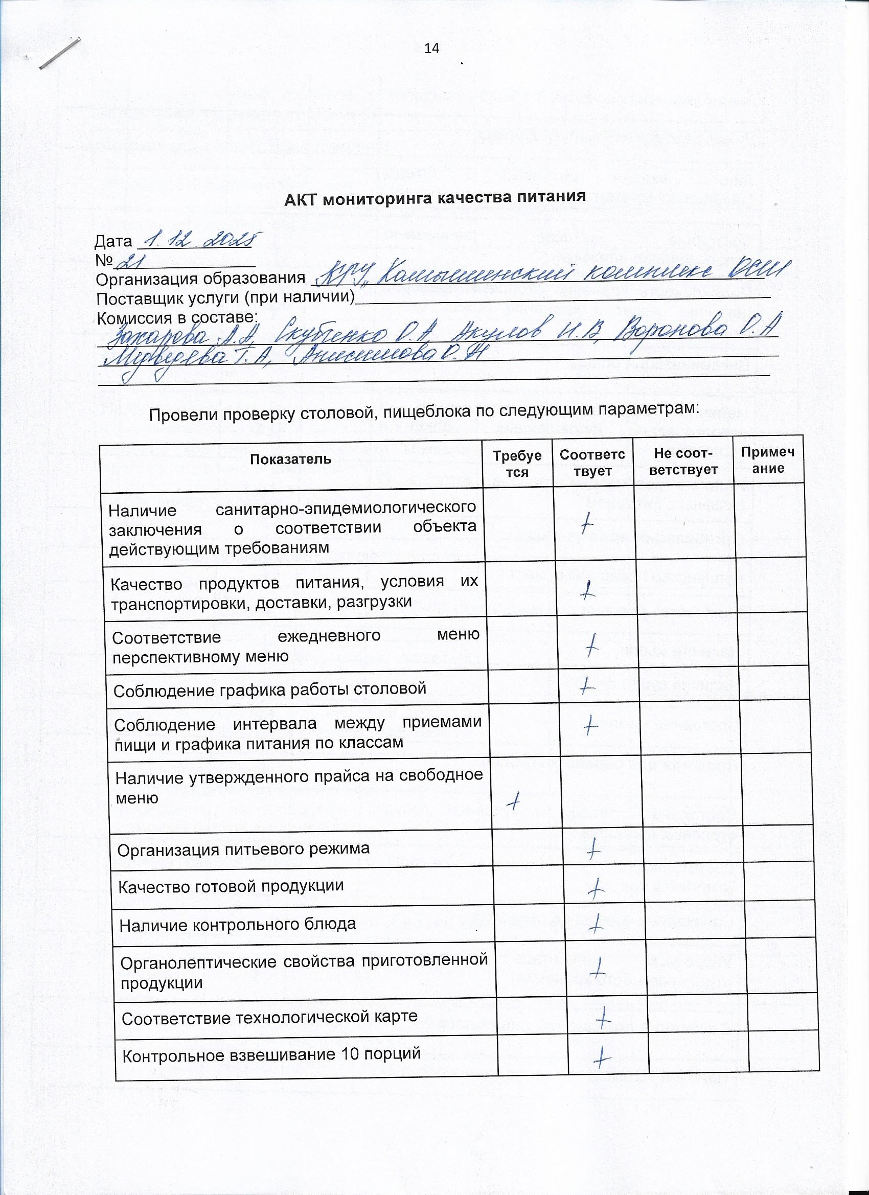 Акт мониторинга качества питания