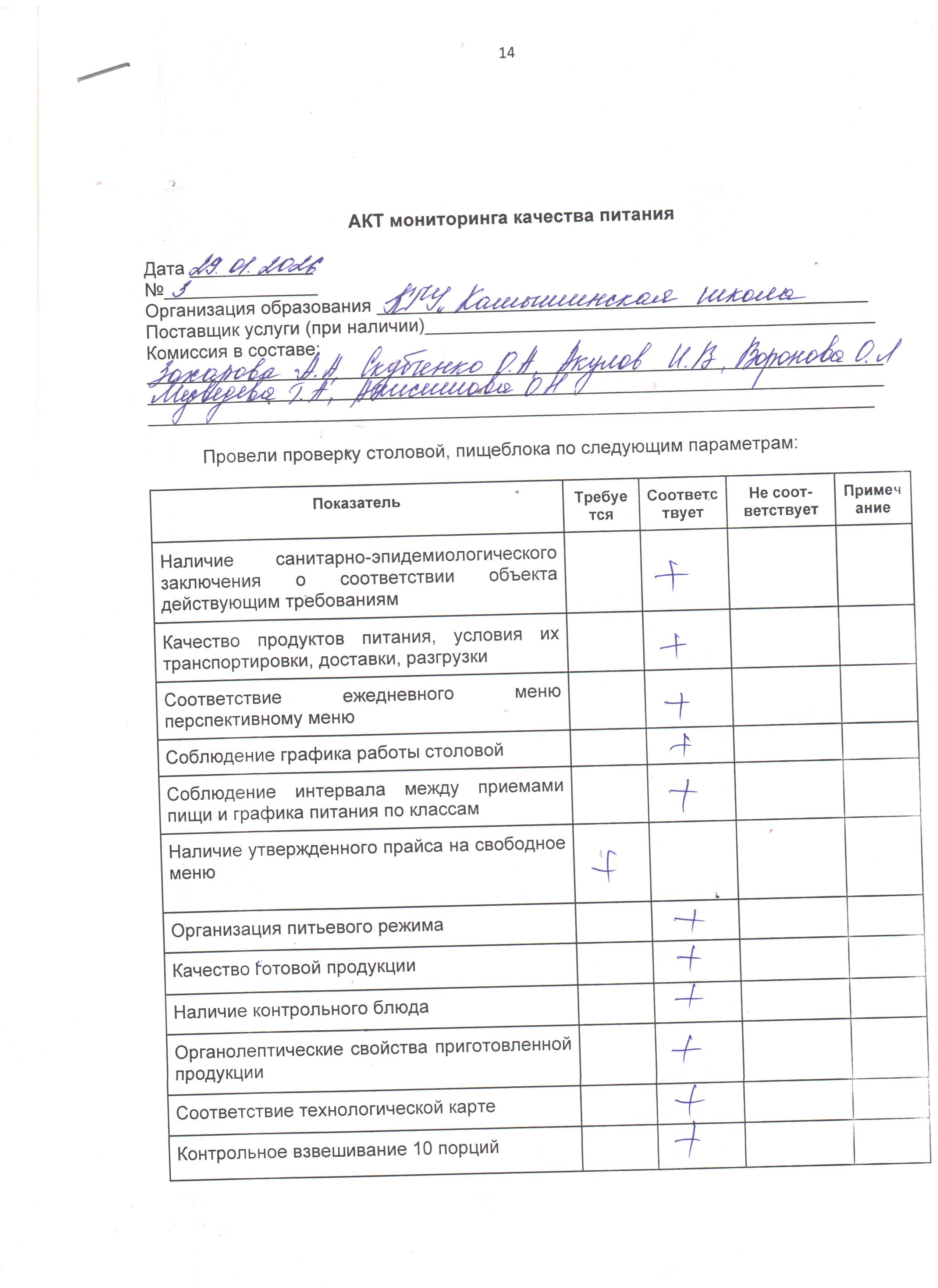 Акт мониторинга качества питания