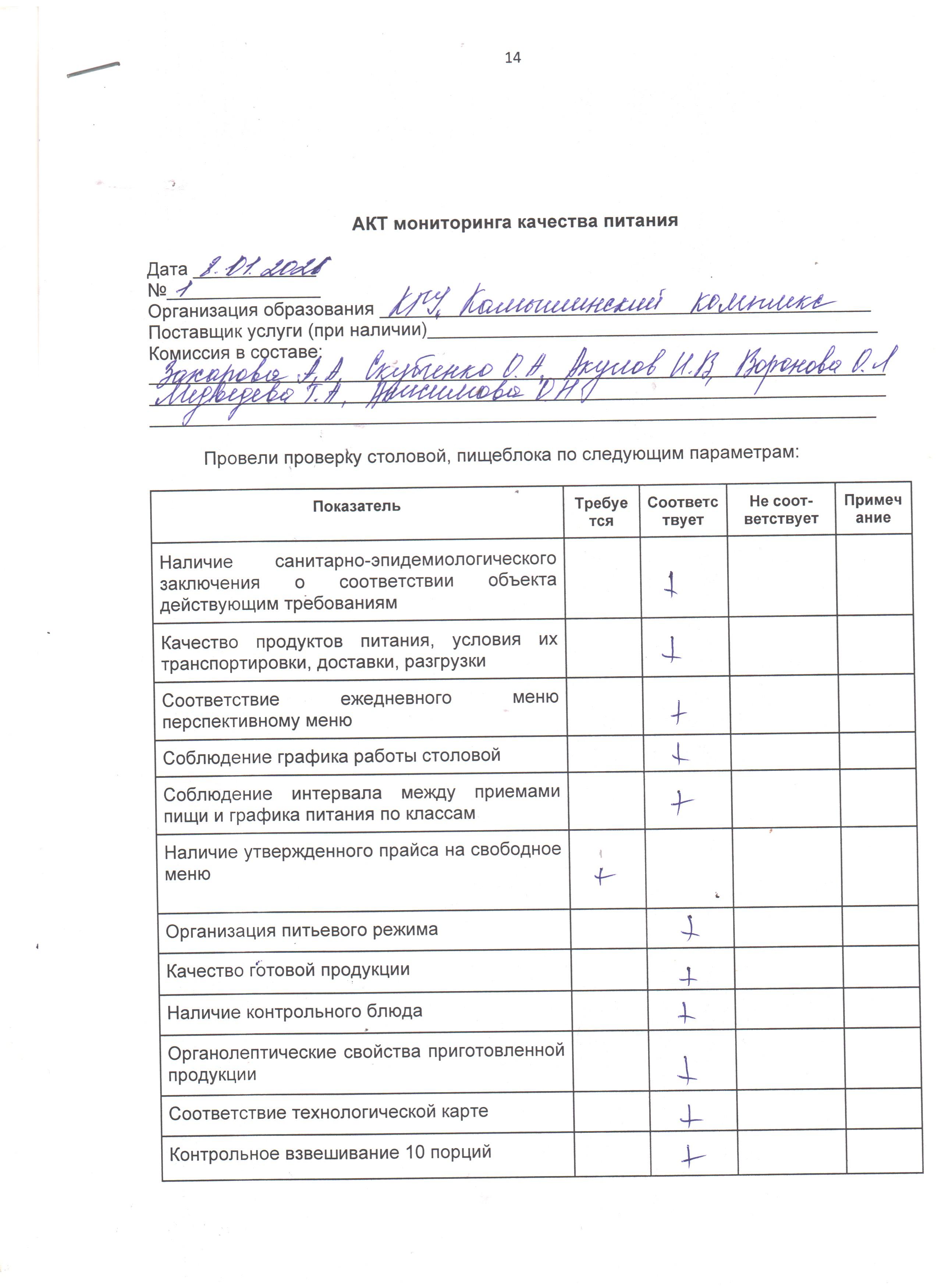 Акт мониторинга качества питания